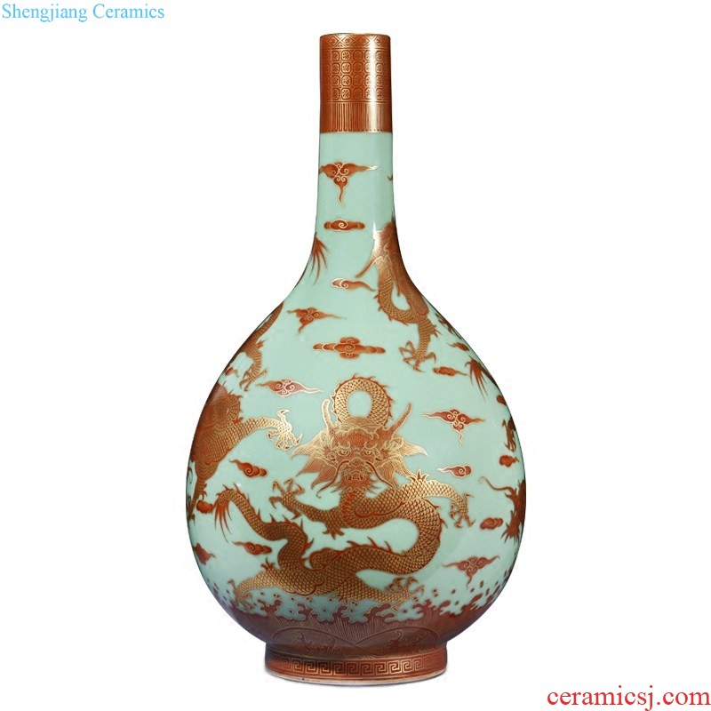 Jingdezhen ceramics imitation qing qianlong pea green paint dragon gall bladder vases, new Chinese style household adornment sitting room