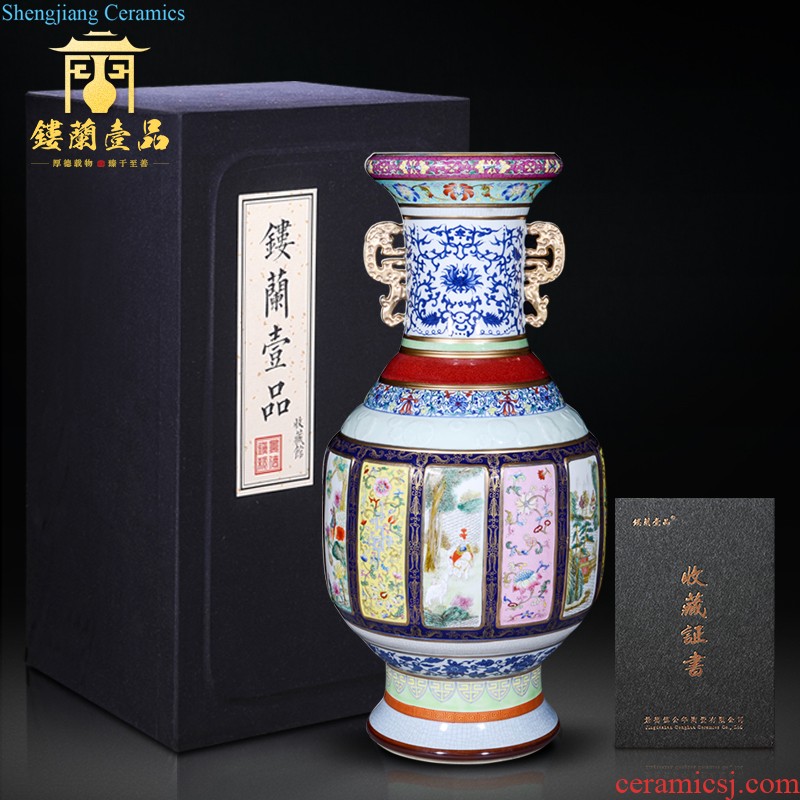 Jingdezhen ceramics imitation qing yongzheng blue tie up branch lotus the lion shell vase Chinese sitting room adornment is placed