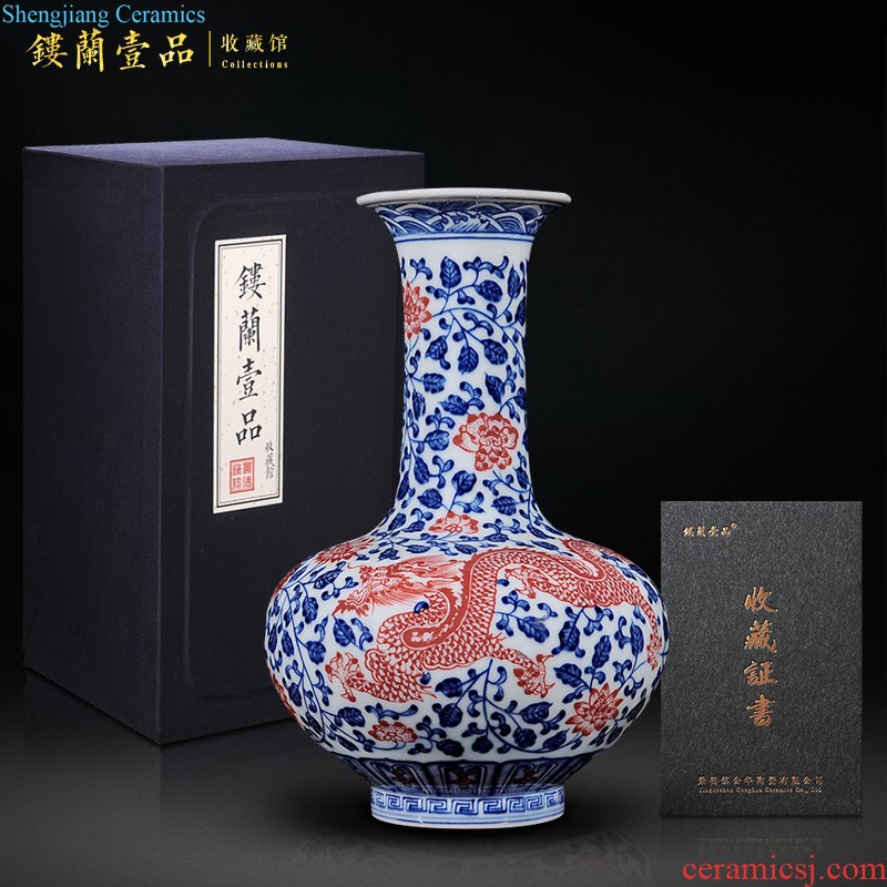 Jingdezhen blue and white dragon ceramics imitation qing qianlong wore lotus plum bottle of new Chinese style living room home furnishing articles