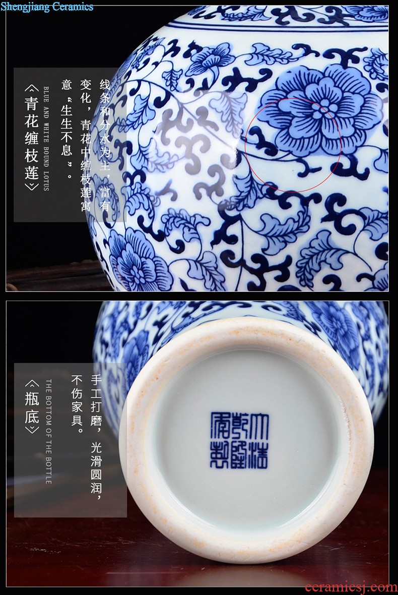 Hand painted lotus painting and calligraphy cylinder kiln jingdezhen ceramics is increasing in vases, flower arranging furnishing articles Chinese style living room floor decoration