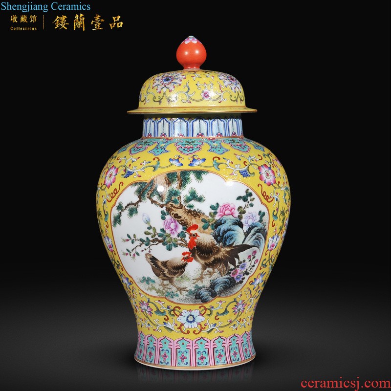 Jingdezhen imperial kiln chinaware imitation qianlong pastel flowers yellow around the eight immortals lines like ear cover pot sitting room adornment is placed