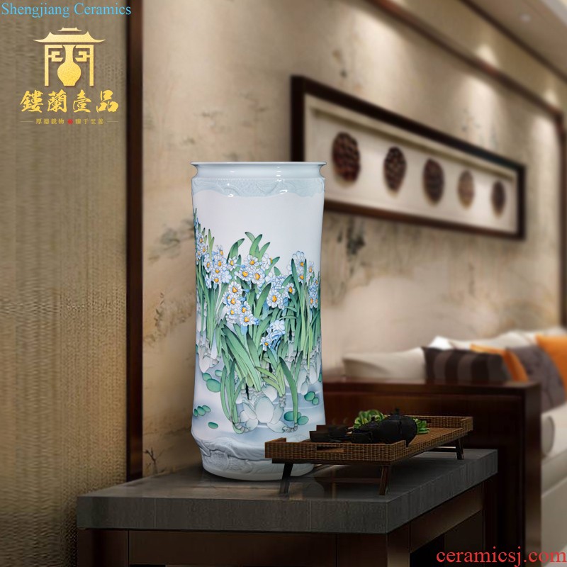 Jingdezhen ceramic hand carved powder enamel decoration large vases, flower arranging the sitting room porch is decorated new Chinese style household furnishing articles