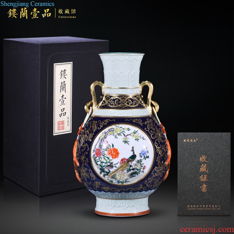 Jingdezhen ceramics imitation qing qianlong blue tie up lotus flower dragon plum bottle home sitting room decorative furnishing articles