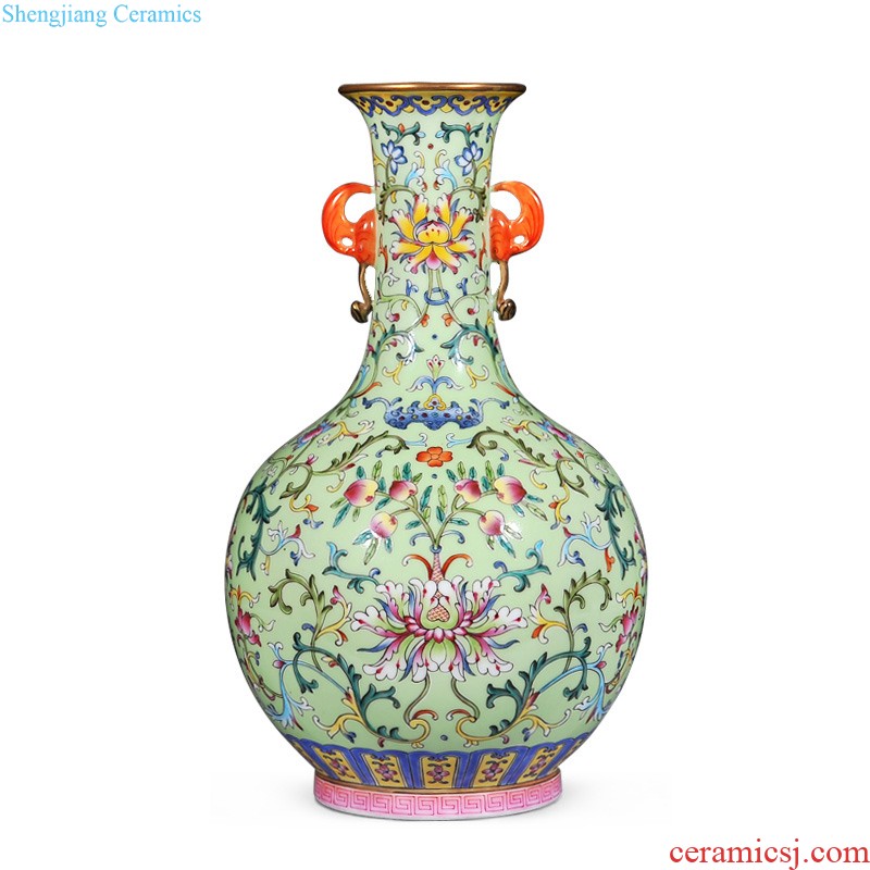 Imperial kiln jingdezhen ceramic imitation qing qianlong pastel green space around flowers happy character lines cover pot sitting room adornment is placed