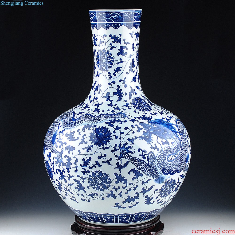 Jingdezhen ceramic vase landing large blue and white porcelain porcelain hand-painted Chinese style household adornment furnishing articles in the living room