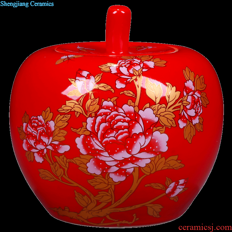 Jingdezhen ceramic pot red Chinese auspicious peony apple storage tank wedding gift sitting room adornment is placed