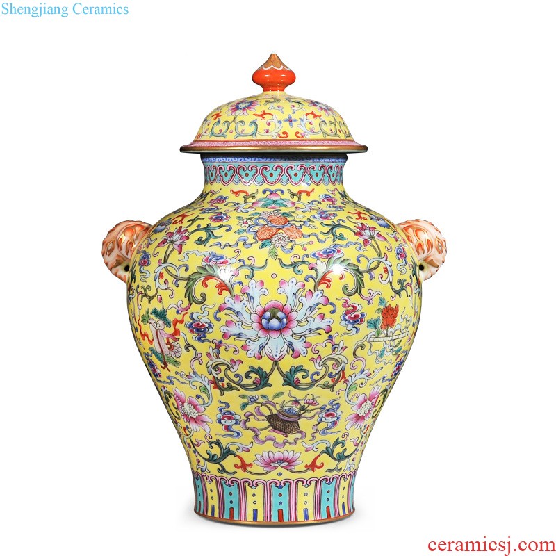 Jingdezhen imperial kiln chinaware pastel yellow medallion in the four seasons of flowers and birds grain collection bottles of the sitting room decorate household furnishing articles