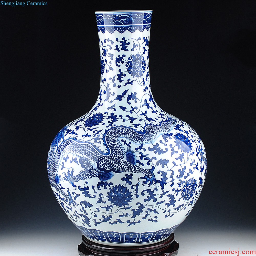 Jingdezhen ceramic vase landing large blue and white porcelain porcelain hand-painted Chinese style household adornment furnishing articles in the living room