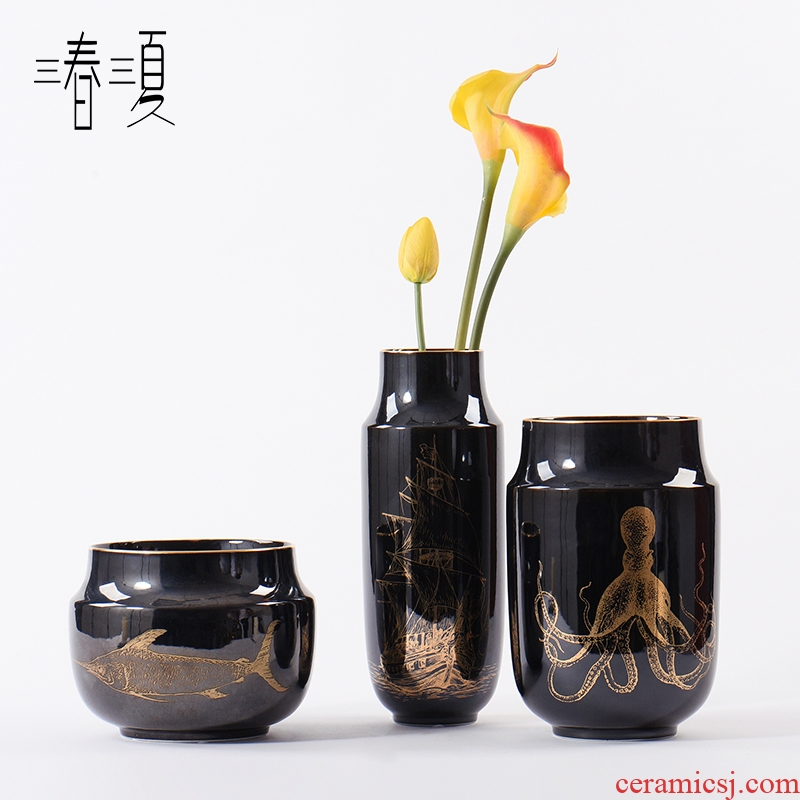Nordic contracted Europe type modern ceramic vases, black and gold flower implement new Chinese style between example show porch place