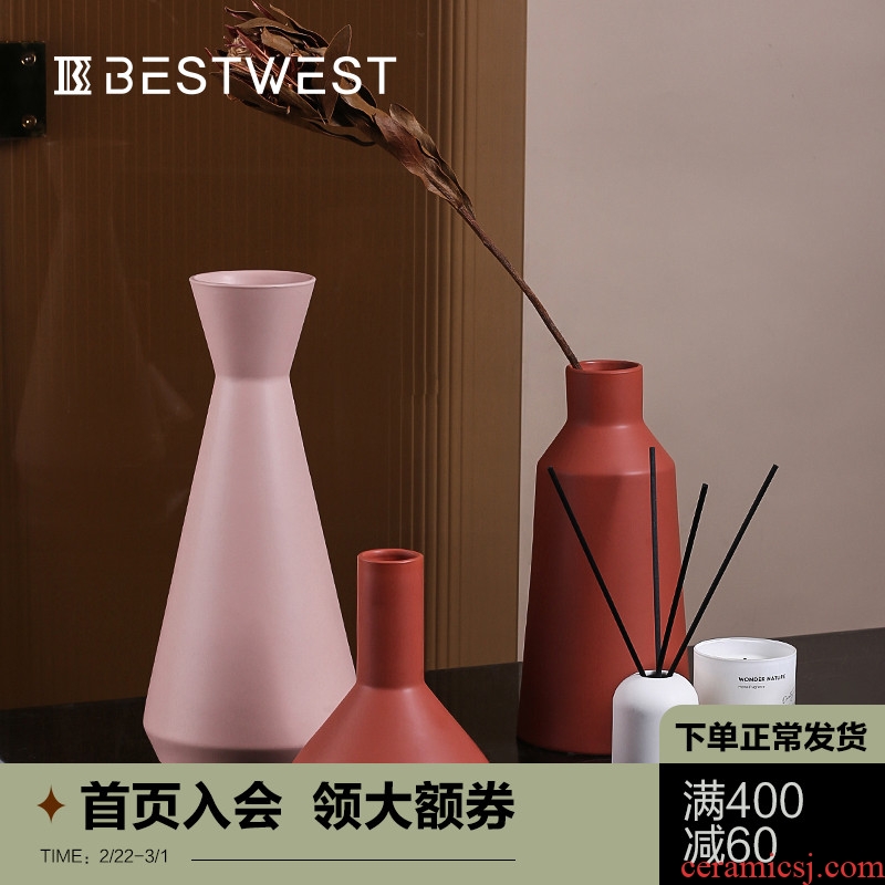 BEST WEST designer ceramic vase furnishing articles sitting room adornment morandi color dry flower vases, creative