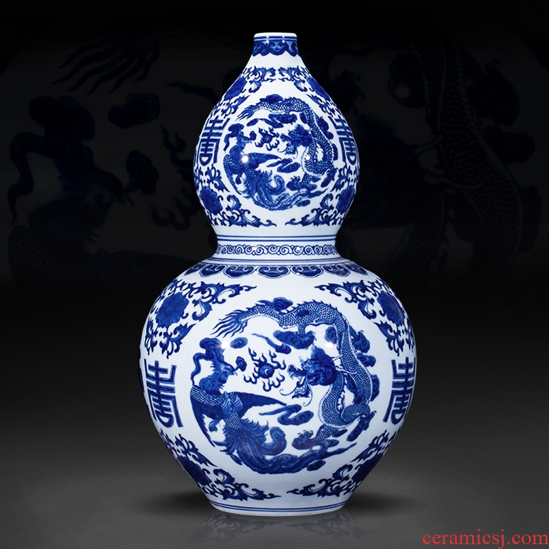 Jingdezhen ceramics imitation the qing qianlong hand - made porch decoration of Chinese style household longfeng gourd of blue and white porcelain vase