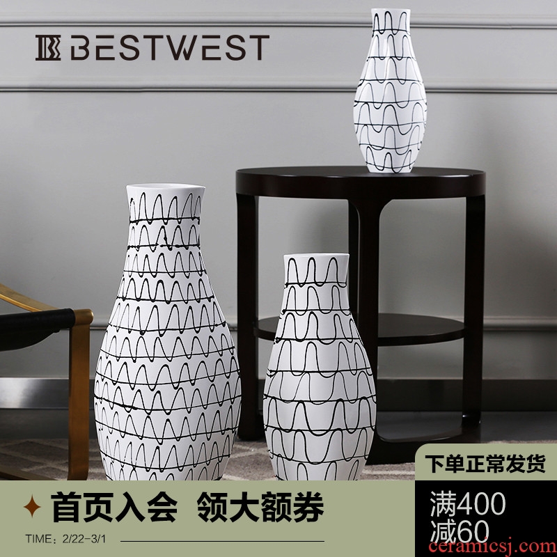 Light key-2 luxury stripe ceramic vases, large ground flower arranging device example room sitting room household soft adornment creative furnishing articles
