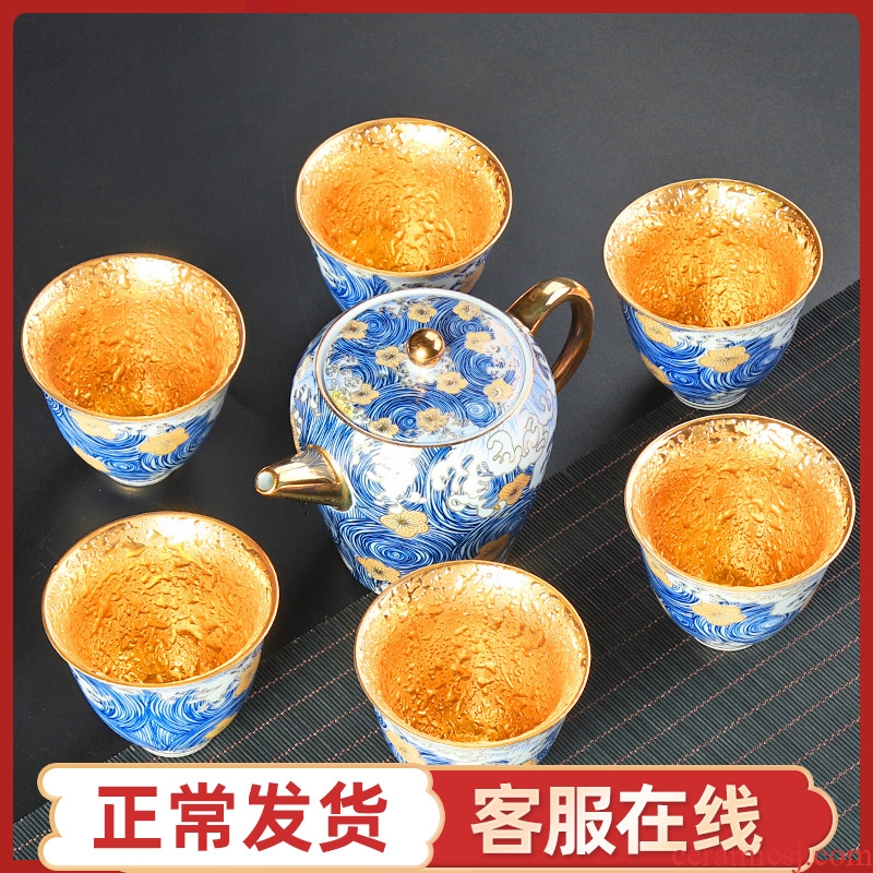 Tea set ceramic fine gold gold 24 k household glass 6 contracted and I kung fu Tea set a complete set of the teapot