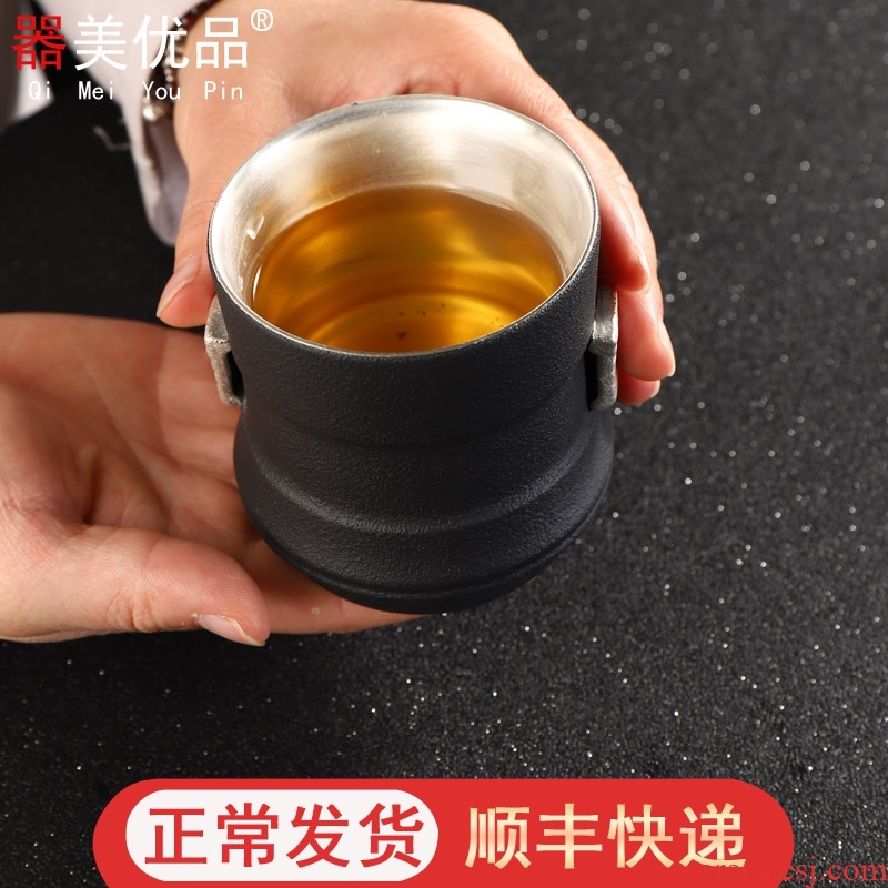 Implement the best tea with a silver cup silver 999 ceramic sample tea cup pure manual home tasted silver gilding crack cup single CPU