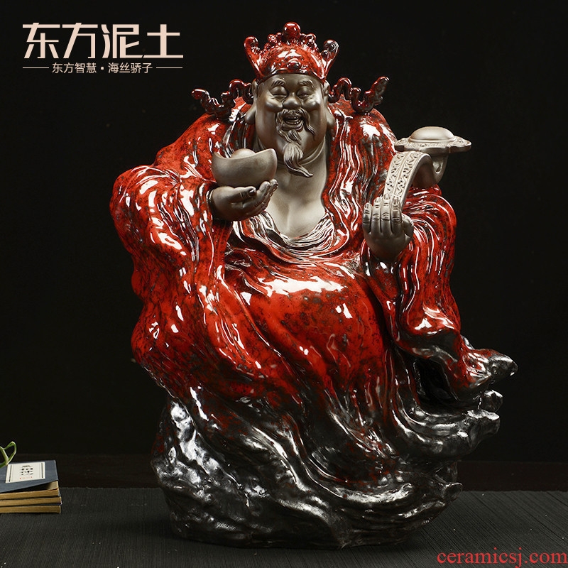 The east mud flame red glaze club character god of fortune Chinese style living room decoration ceramics handicraft furnishing articles