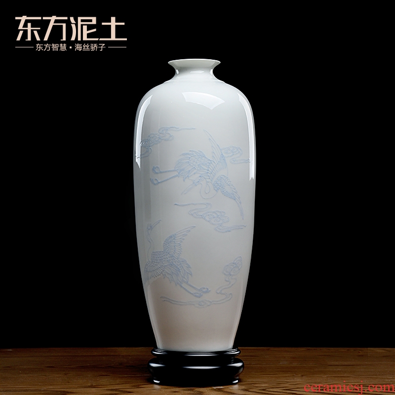 Chinese classical Oriental clay ceramic vase home sitting room is real wood, rich ancient frame/double crane, xiangyun ornament