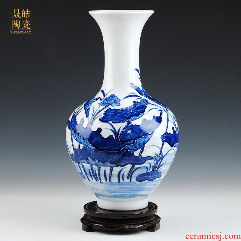 Jingdezhen ceramic embossed lotus of blue and white porcelain vase household adornment handicraft furnishing articles sitting room