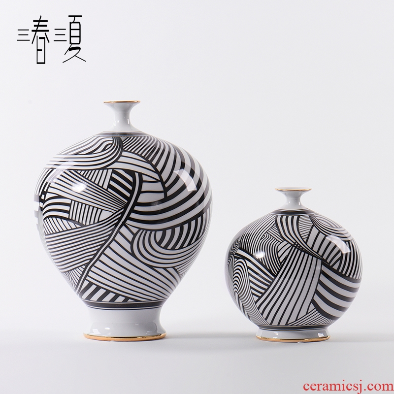 New Chinese style black stripes round ceramic pot - bellied flower pot furnishing articles contracted and I sitting room porch decoration vase