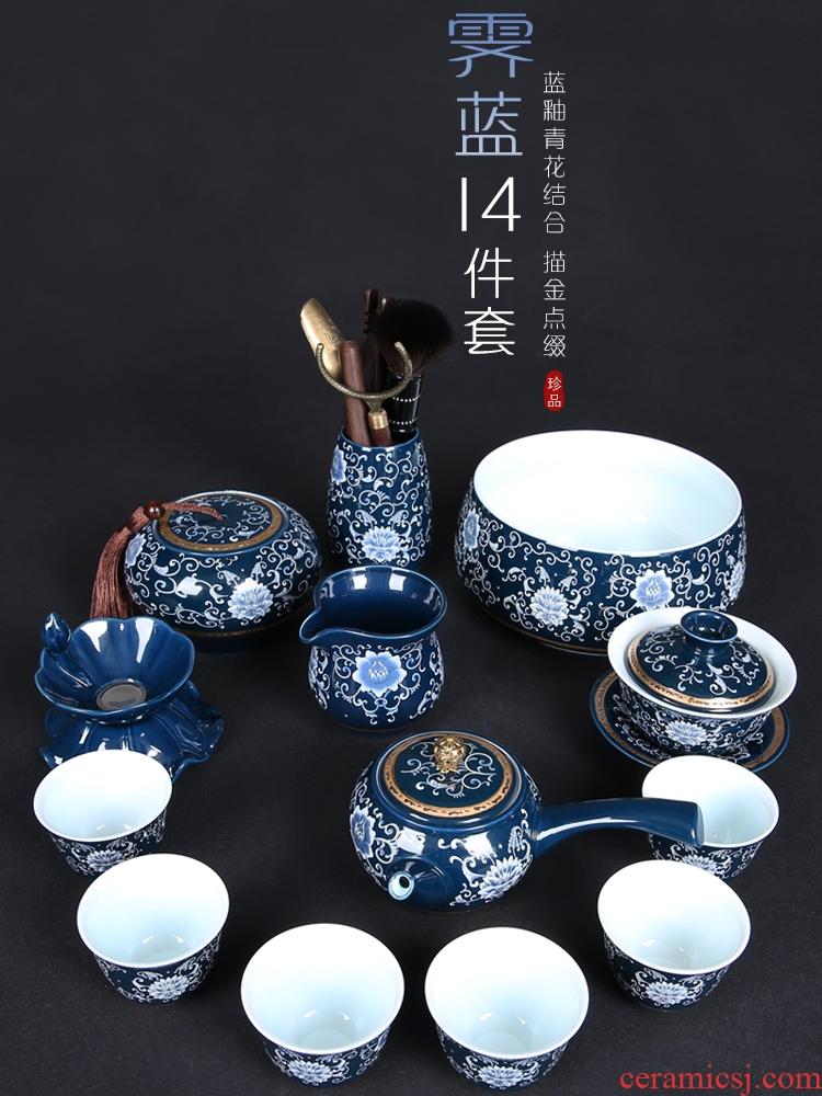 Jingdezhen blue and white porcelain tea sets of household of a complete set of kung fu ceramic tea cup GaiWanCha wash the teapot tea pot