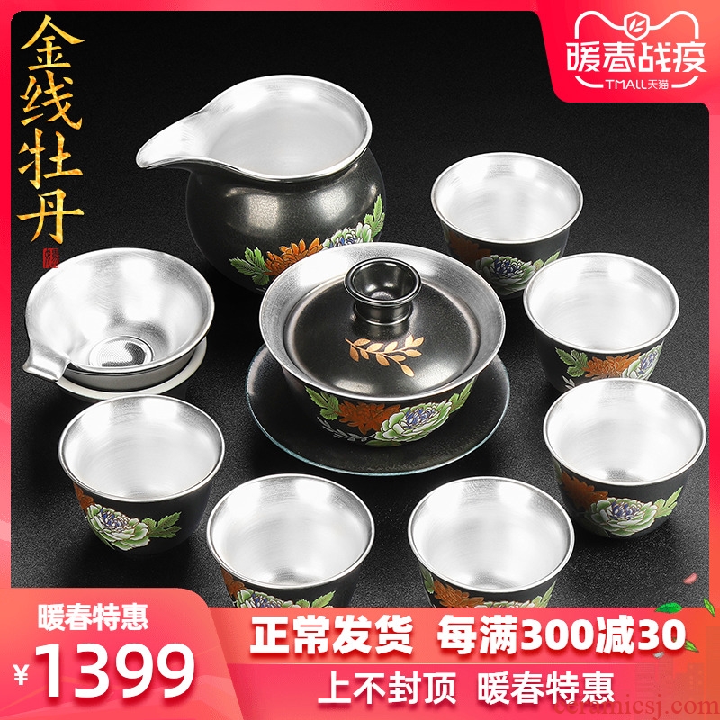 Artisan fairy 999 sterling silver, kung fu tea set of household ceramics small pure manual tureen tea cups outfit