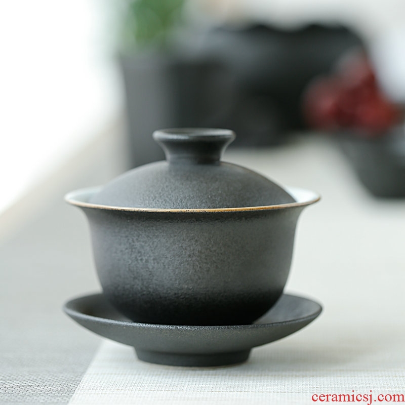Tang Yan fang zen wind black glaze covered bowl of black stone three bowls of kung fu tea cups domestic crude TaoJing bowl