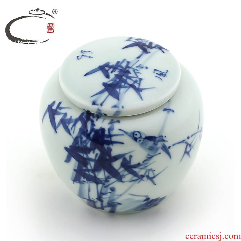 And auspicious jing DE collection jingdezhen blue And white bamboo bird caddy fixings hand - made ceramic small POTS sealed jar package mail