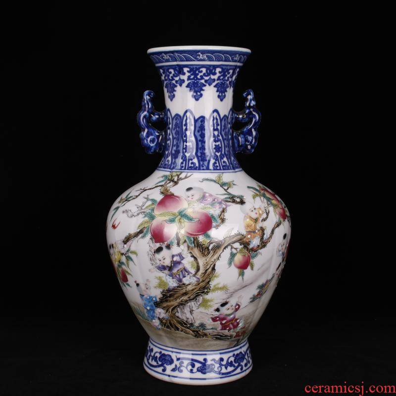 Jingdezhen imitation qianlong bucket color nine son climb peach ears bottle of classical Chinese style household, sitting room adornment antique furnishing articles