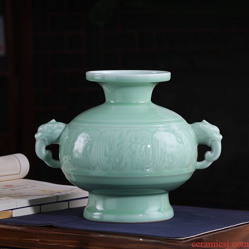 Jingdezhen ceramic vase furnishing articles manually reliefs green glaze vase ears flower implement new Chinese zen home decoration