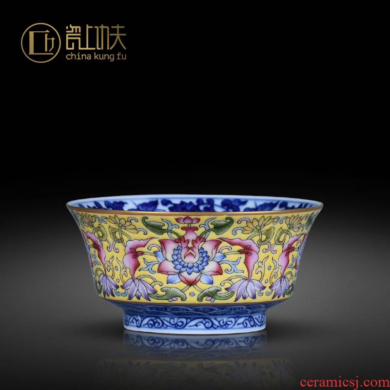 Flowers with yellow colored enamel paint treasure phase sample tea cup masters cup cup of jingdezhen blue and white pure manual collection cup