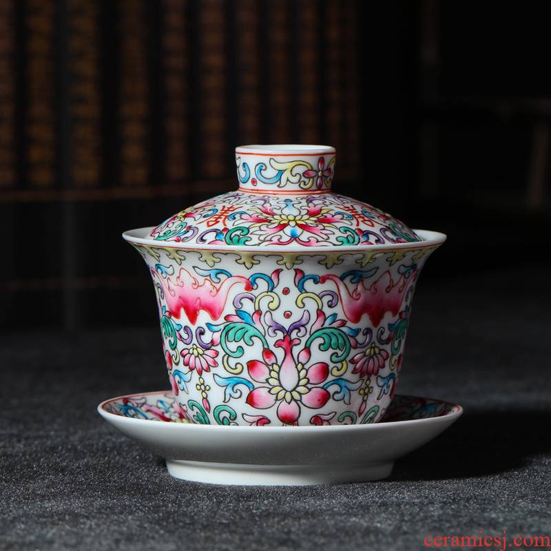Three bowl is only offered home - cooked in jingdezhen porcelain tea tureen hand - made colored enamel checking ceramic tea cups
