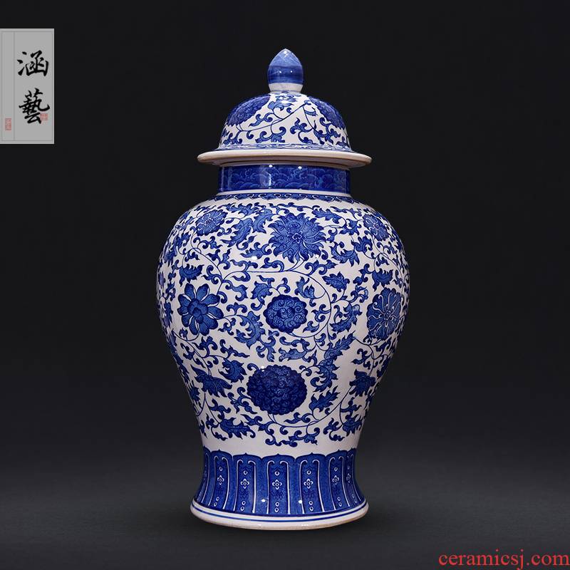 Antique blue and white porcelain of jingdezhen ceramics general tank storage place flower arrangement of Chinese style living room decoration craft gift
