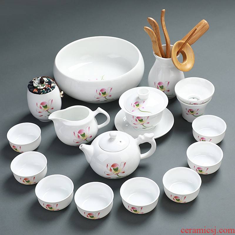 Dehua white porcelain kung fu tea set contracted and I household teapot teacup tureen tea taking of a complete set of tea art ceramics