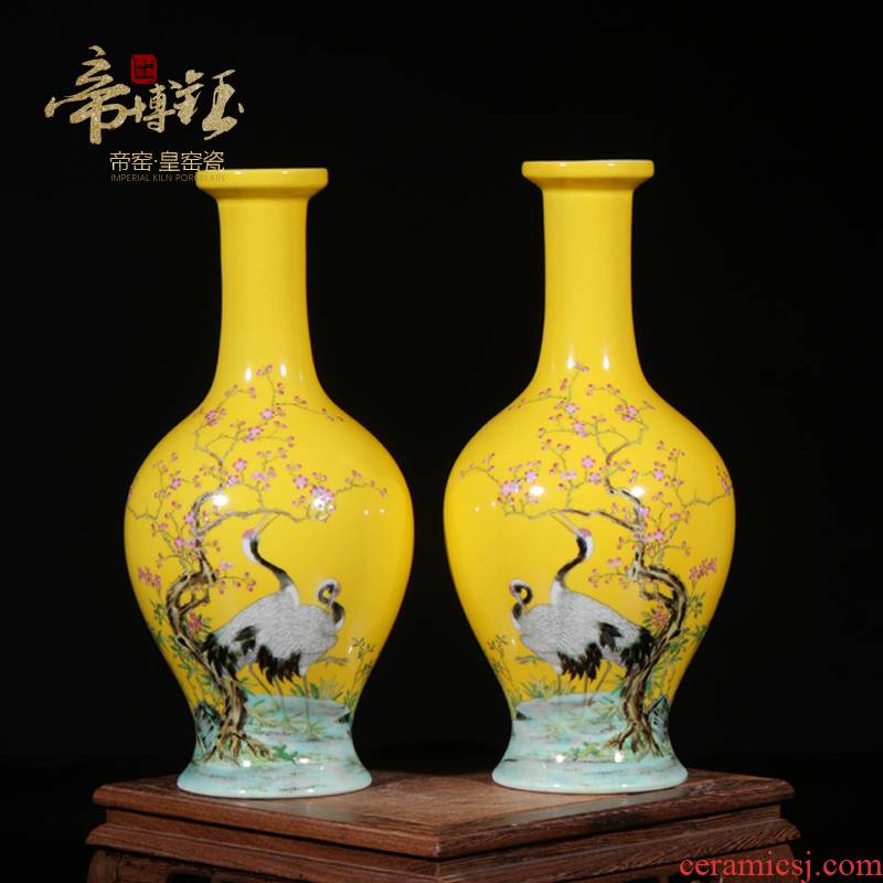 Jingdezhen ceramics by hand yellow colored enamel cranes vase mesa of modern Chinese style household act the role ofing is tasted furnishing articles in the living room