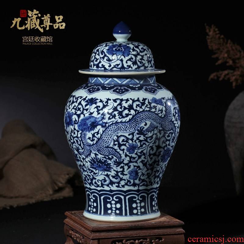 Blue and white porcelain of jingdezhen ceramics general tank furnishing articles of Chinese style living room TV cabinet storage tank decorative arts and crafts
