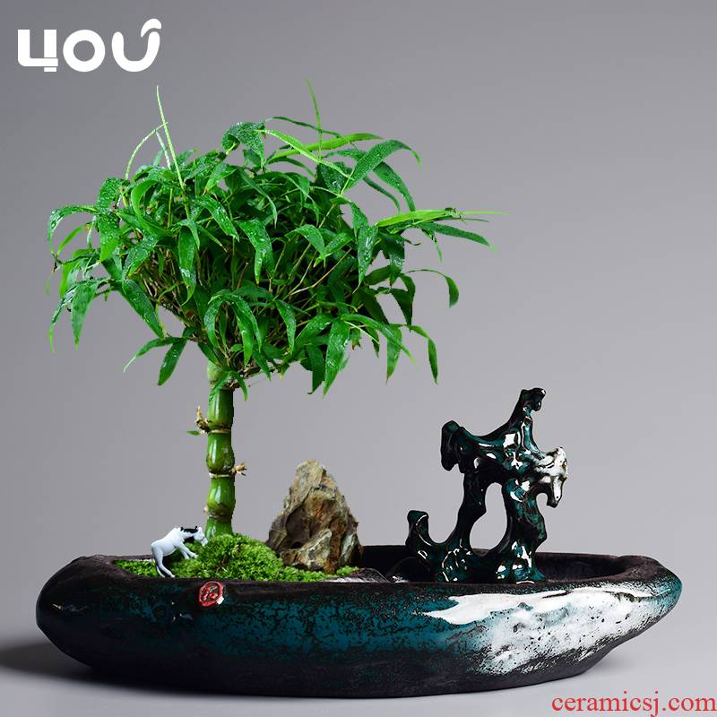 Chinese wind landscape flowerpot ceramic basin of Chinese style bonsai home asparagus pot sitting room adornment creative green plant POTS