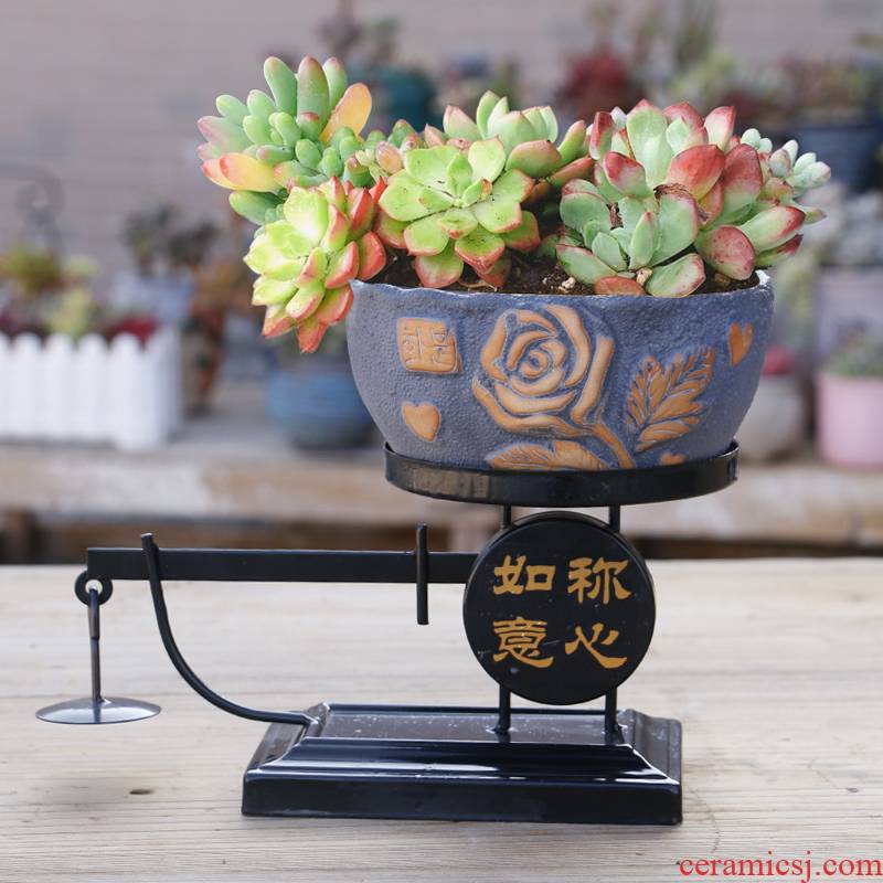 High pot ceramic creative move large clearance sale, wrought iron flower pot with a tray of household meat bag in the mail