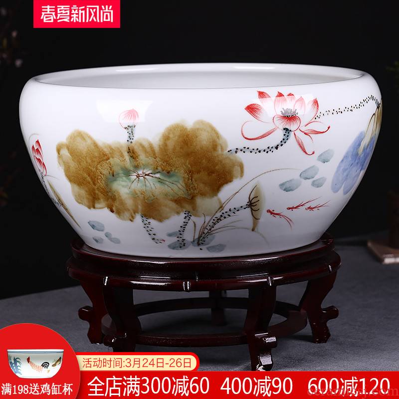 Jingdezhen ceramic goldfish bowl hand - made variable shallow porcelain cylinder tortoise lotus lotus basin furnishing articles extra large