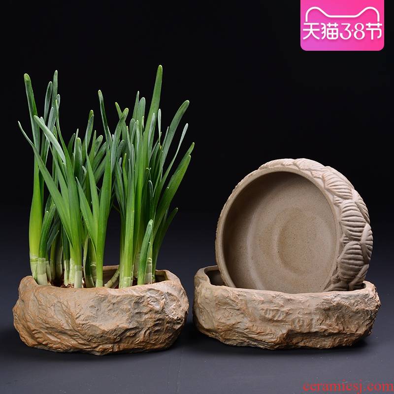 Refers to flower pot ceramic coarse pottery imitation stone without hole, large creative hydroponic plant grass copper bowl lotus basin container