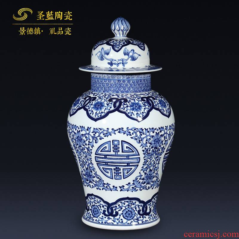 Jingdezhen ceramics by hand antique general blue and white porcelain jar of furnishing articles of new Chinese style living room decoration decoration