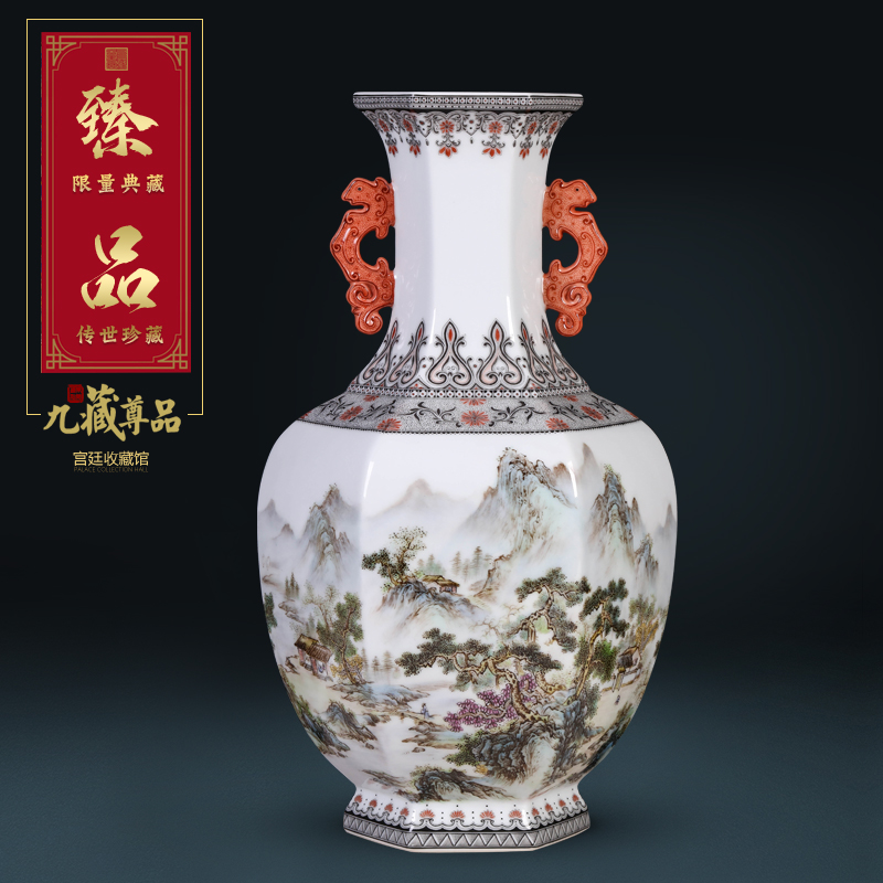 Jingdezhen ceramics antique hand - made Chinese classical landscape eight square vase sitting room porch decoration as furnishing articles