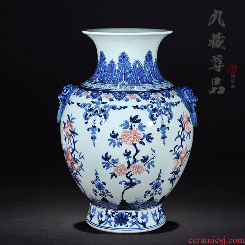 About Nine sect Buddha tasted jingdezhen ceramic antique hand - made ears lion a peach of blue and white porcelain vase furnishing articles in the living room