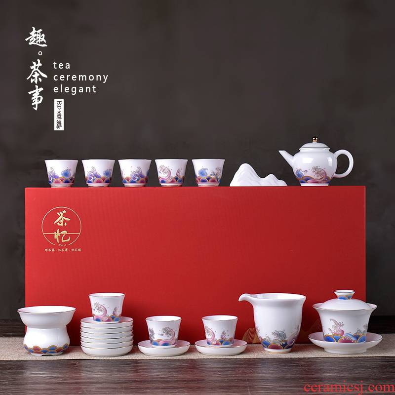 Gold colored enamel tureen tea set suit white porcelain kung fu tea cups ceramic POTS office receive a visitor the whole box