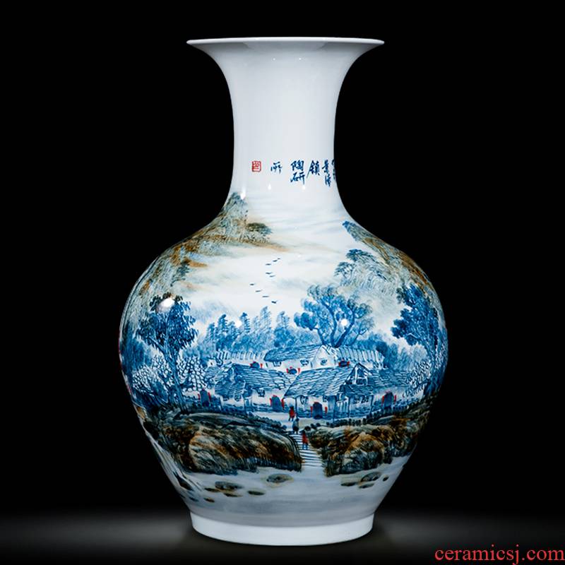 Jingdezhen ceramics celebrity hand - made the master of landscape painting large sitting room ground vase household office furnishing articles