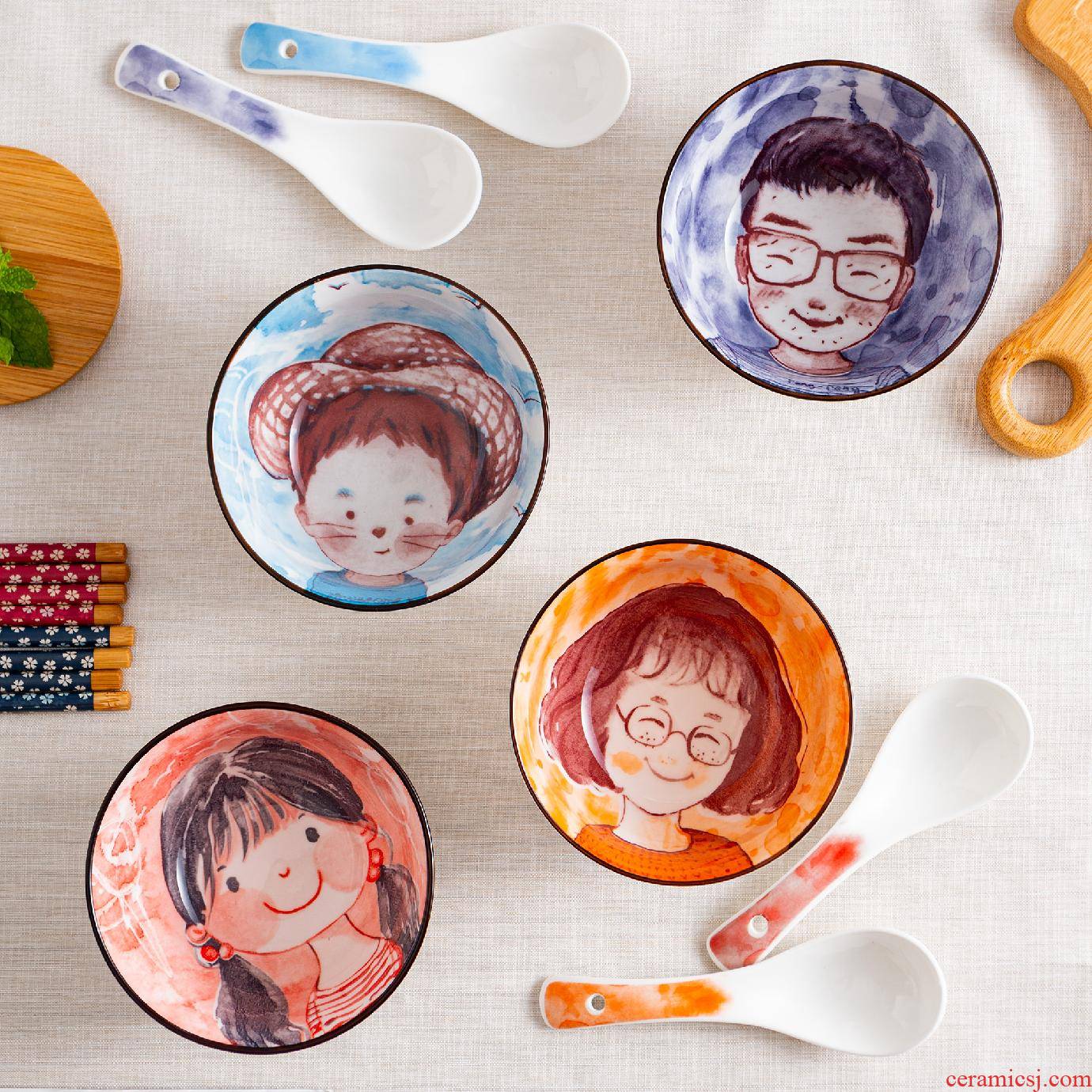 Lovely ceramic parent - child cartoon dishes suit household creative children a family of four dishes chopsticks tableware portfolio