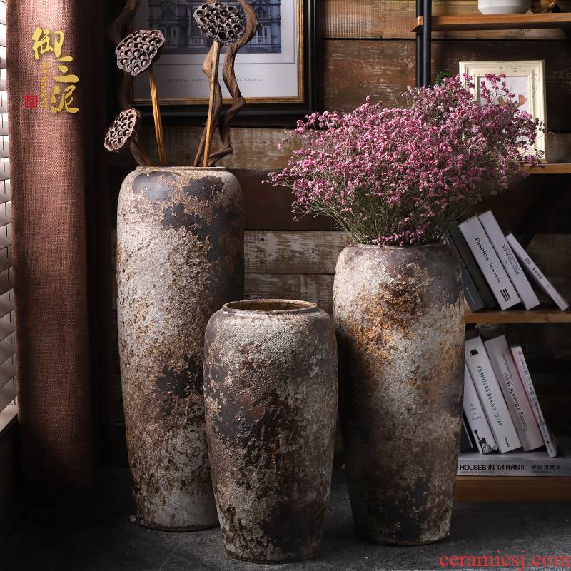 Ground vase large rural Chinese style restoring ancient ways is inserted dried flowers coarse pottery sitting room hotel villa do old ceramic furnishing articles