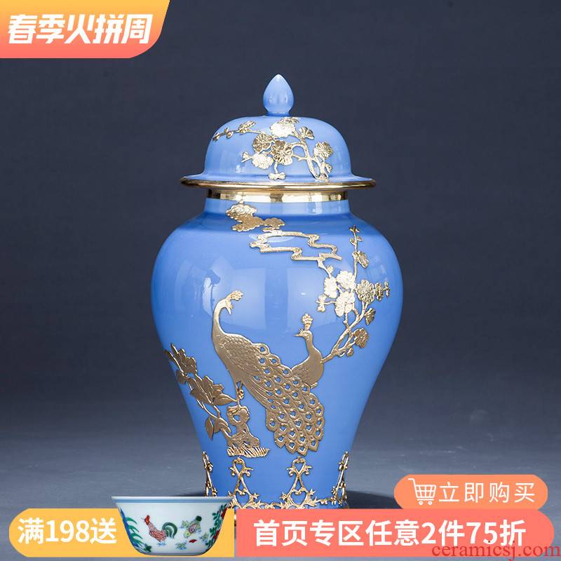 Jingdezhen ceramics blue stroke an inset jades general pot vase of new Chinese rich ancient frame sitting room adornment is placed