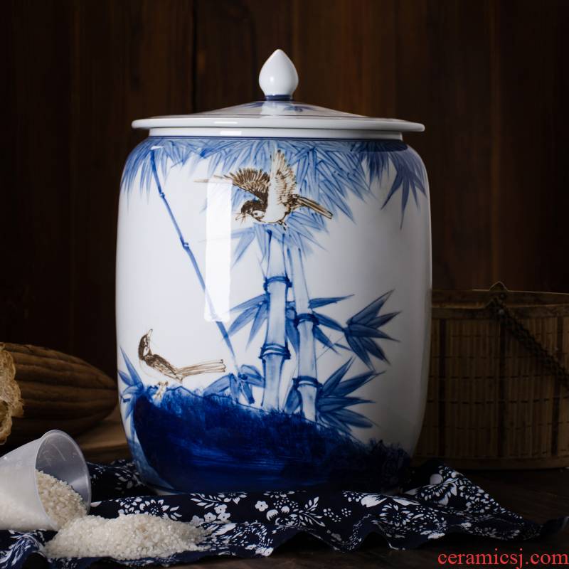 Jingdezhen hand - made ceramic barrel with cover old 25 kg blue and white flour bucket moistureproof insect - resistant kitchen ricer box