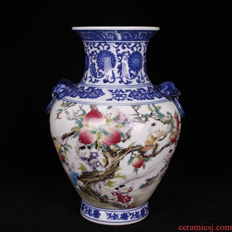 Jingdezhen imitation the qing bucket color nine son climb peach beast ear bottles of classical Chinese style household, sitting room adornment antique furnishing articles