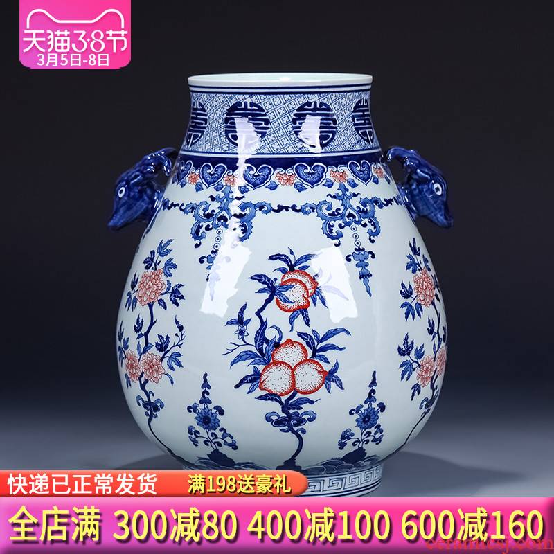 Jingdezhen blue and white deer head double listen barrels of large antique ceramics vase modern new Chinese style living room decoration furnishing articles