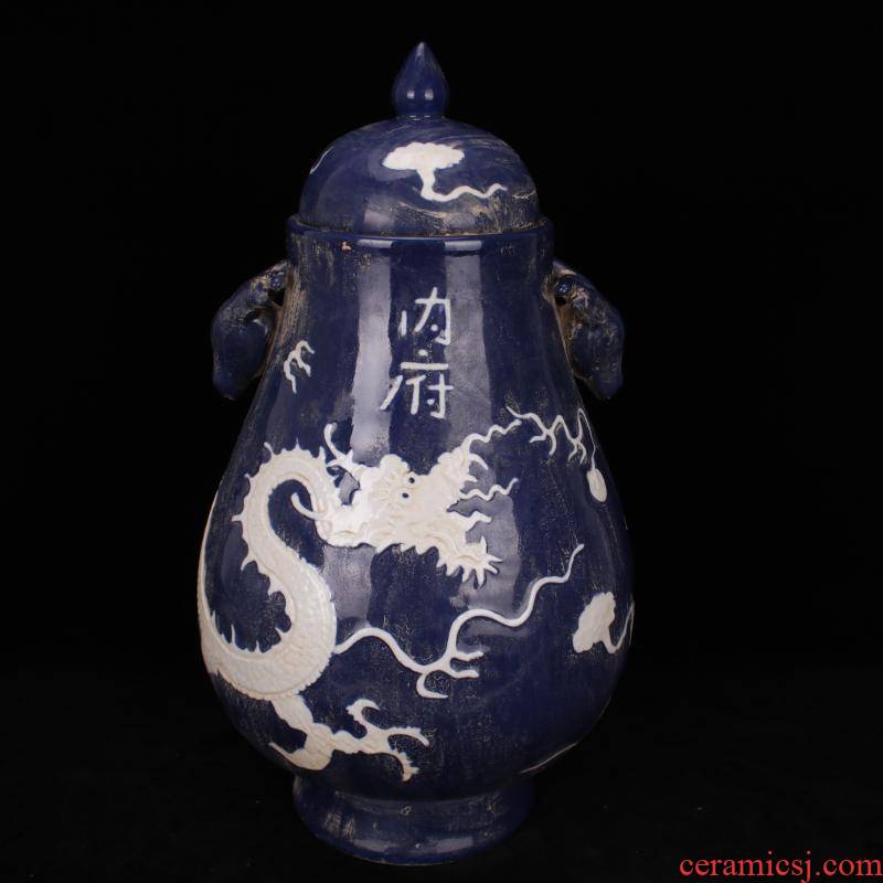 Jingdezhen offering blue all hand carved white dragon grain deer head statute of the cylinder antique old folk collection furnishing articles